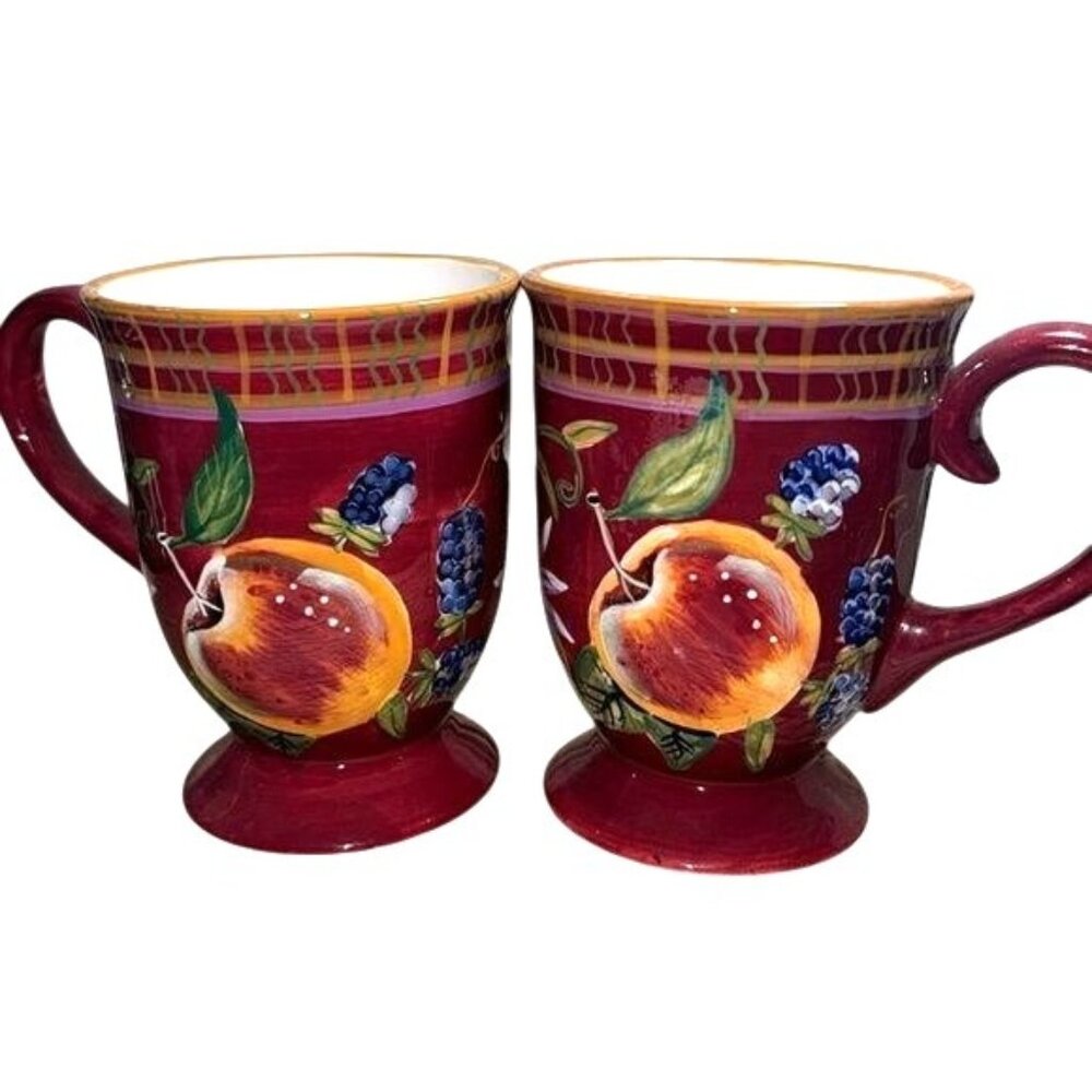 Set Of 2 Caprisware Hand-Painted Ceramic Fruit-Themed Mugs 4.5" Tall Red/Multico